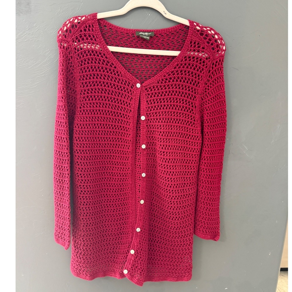 Eddie Bauer Vintage XL Red Cotton Open Knit Crochet Button Cardigan Sweater